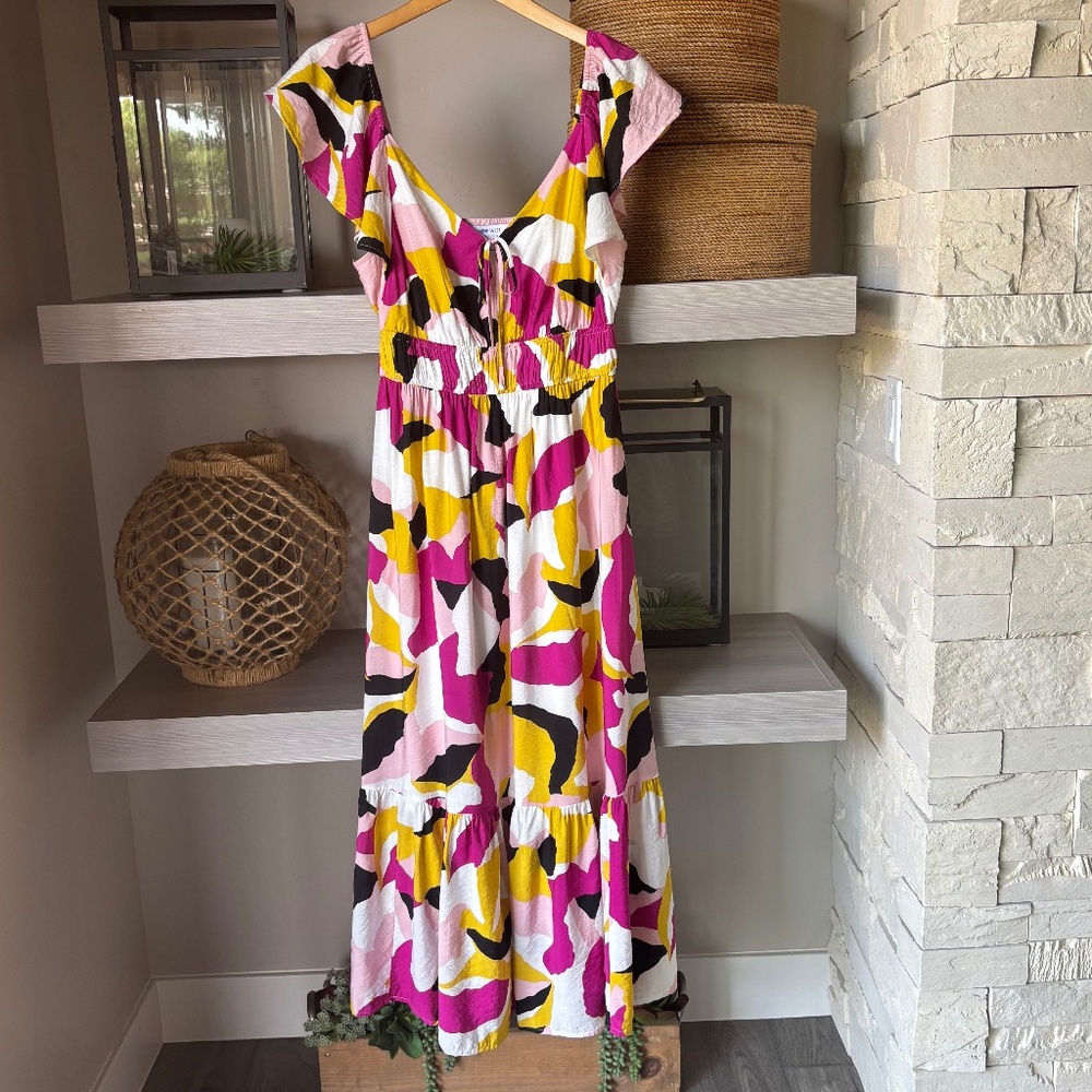 Nine West Pink, Yellow, Black & White Abstract Maxi Dress